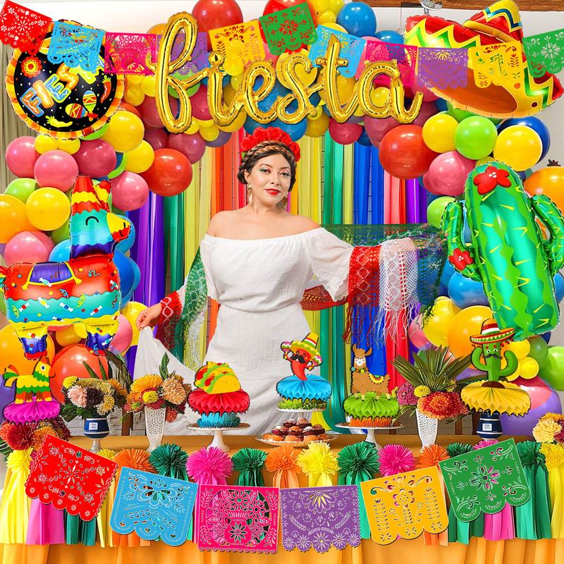 135pcs Fiesta Party Decorations，Mexican Party Decorations, Plastic Papel Picado Banner Cinco de Mayo Decor Day of the Dead Decorations，Fiesta Mexican Party Table Decoration Centerpiece，Taco Llama Cactus Balloons，Paper Streamer for Dia De Los Muertos