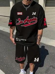 Men's 3D Los Angeles letter print casual and stylish minimalist two-piece set, featuring a summer sporty Fitted crew neck short-sleeved top and drawstring shorts, suitable for outdoor and street wear.