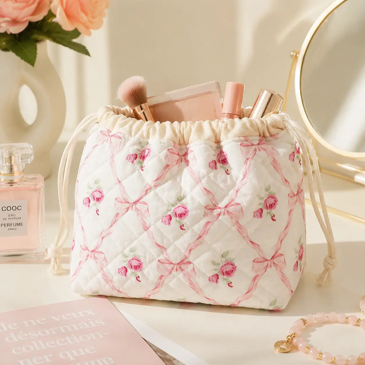 Cottagecore Coquette Aesthetic Quilted Makeup Pouch, Floral Bow Rose Bear Bunny Print Drawstring Cosmetic Bag, Portable Travel Daily Birthday Gift For Teen Girls Best Friends