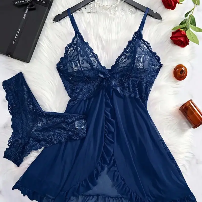 Women's 2-Piece Knitting Fabric Comfortable V-Neck Lace Sleepwear Set - Plain Night Gown for Women with Black Trim, Backless Ruffle Trim Split Hem Slip Dress & Lace-Match Thong