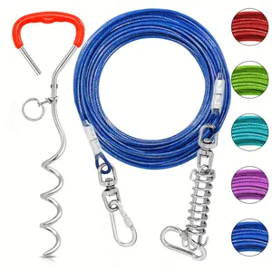 Heavy-Duty Dog Tie Out Cable with Spiral Stake - 10ft to 50ft, Shock Spring for Camping & Yard, Fits Medium-Large Dogs Up to 125 lbs, Dog Rope