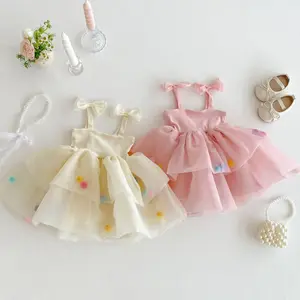 Girls' Strap Princess Dress 2026 Summer Baby Ball Mesh Dress Children's Bow Dress
