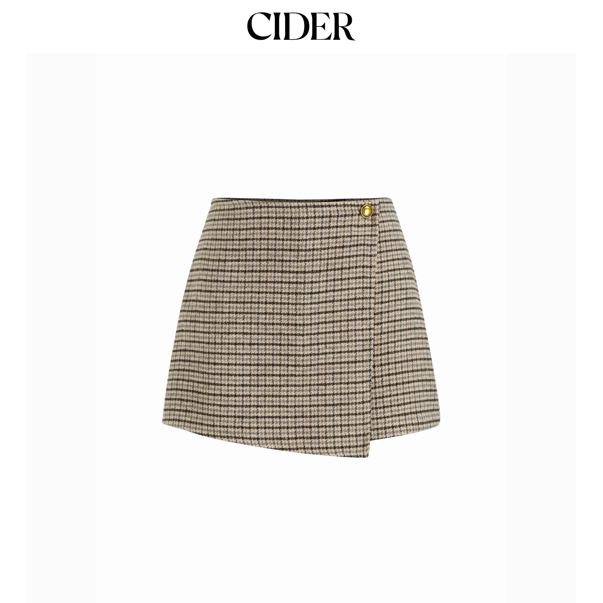 Cider Wool-look Mid Rise Houndstooth Asymmetrical A-line Mini Skort