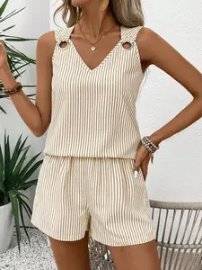 Women's Summer Casual Loose Striped Sleeveless Two-Piece Set, Fresh and Simple Style, Perfect for Daily Wear, Vacation, and More