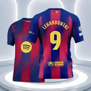 25 26 Home Red And Blue 9# Robert Lewandowski Short Sleeve Soccer Jersey Fans Version
