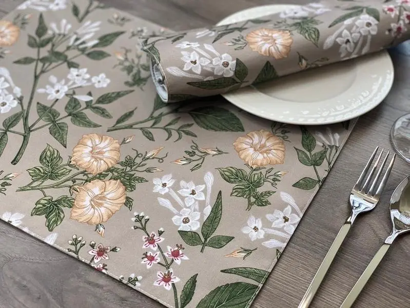 Set of 4 Vintage Floral Placemats,Botanical Flower Table Mats,Yellow Petunia Jasmine, Farmhouse Rustic Dining Decor,Machine washable cotton