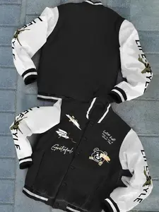 Men's Cartoon Bear & Letter Print Drop Shoulder? Varsity? Jacket without Hoodie, Loose Casual Long Sleeve Button Front Outerwear for Fall & Winter, Men's Clothes for Daily Wear