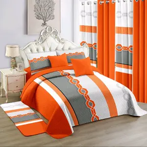 Orange & Gray Geometric Bedding Set - 4-Piece Comforter, Sheet, Pillowcases, and Curtains - Modern Bedroom Decor