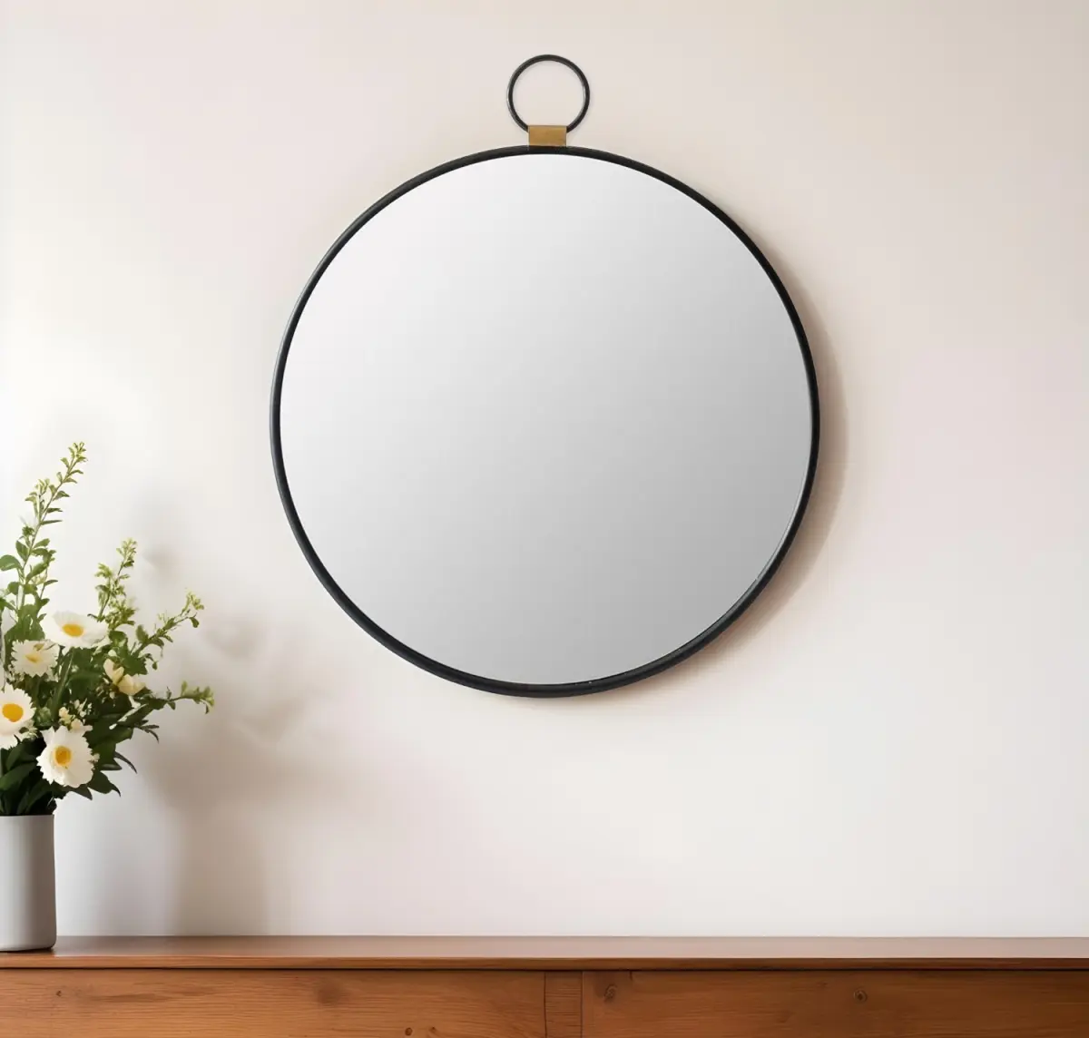 28 in. Black Round Geometric Iron Finish Vintage Modern Metal Wall Accent Mirror with 360-Degree Stand, Glass, Wood Accents, Minimalist Home Decor, Easy Mount-Hanging Installation
