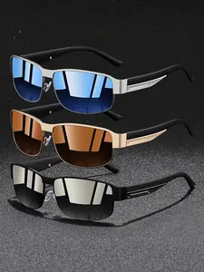 3 pairs of metal frame retro square men's sunglasses, Lightweight Durable Sunglasses, available in various colors, features UV400 lenses, rubber nose pads, elastic temple pieces for comfort, classic style suitable for outdoor sports