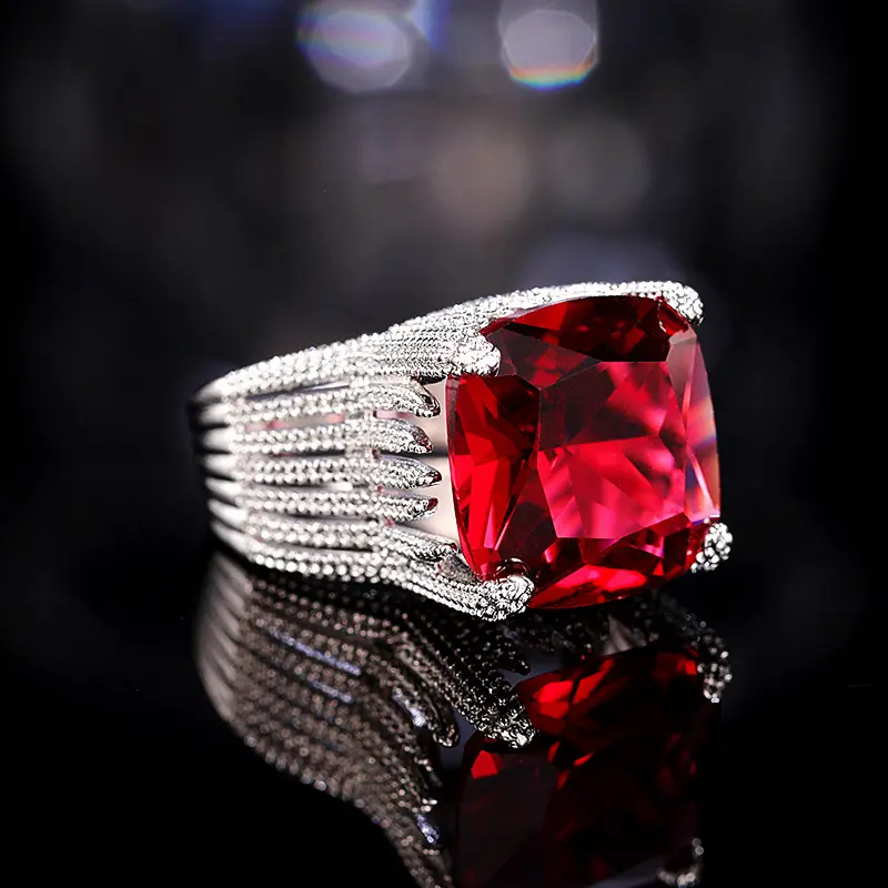 Women's Cushion-Cut Synthetic Ruby Ring - Bold Statement, Geometric Cut, Sparkling Look Fashionable Costume Jewelry for Cocktail, Evening Wear - Gift for Her, Jewelry For Women, For Women