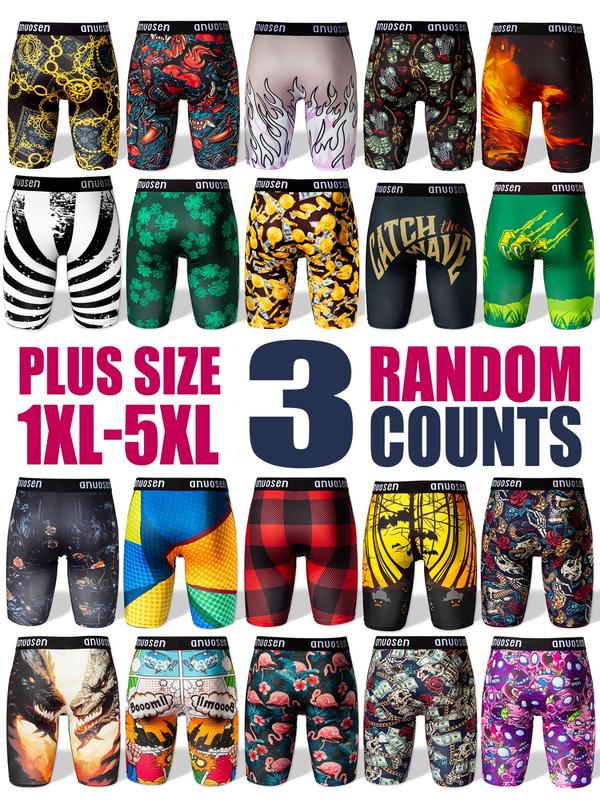 Random Plus Size 3pcs Men's Long Boxer Shorts, Casual Stretch Fit 1xl-5xl, Fun Patterns Including Cartoon, Stripes & Animal