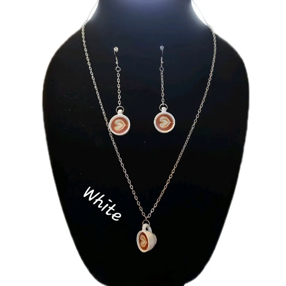 Latte Da Coffee Necklace and Earrings Set - Cute Whimsical Coffee Lover Jewelry Gift