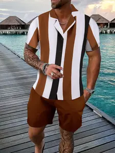 Men's Brown-White-Black Vertical Striped 2-Piece Loungewear Set - Short Sleeve Camp Collar Shirt & Matching Drawstring Shorts, Soft Breathable Fabric, Relaxed Fit for At-Home Lounging, Lazy Weekends & Casual Evenings, Menswear Outfit