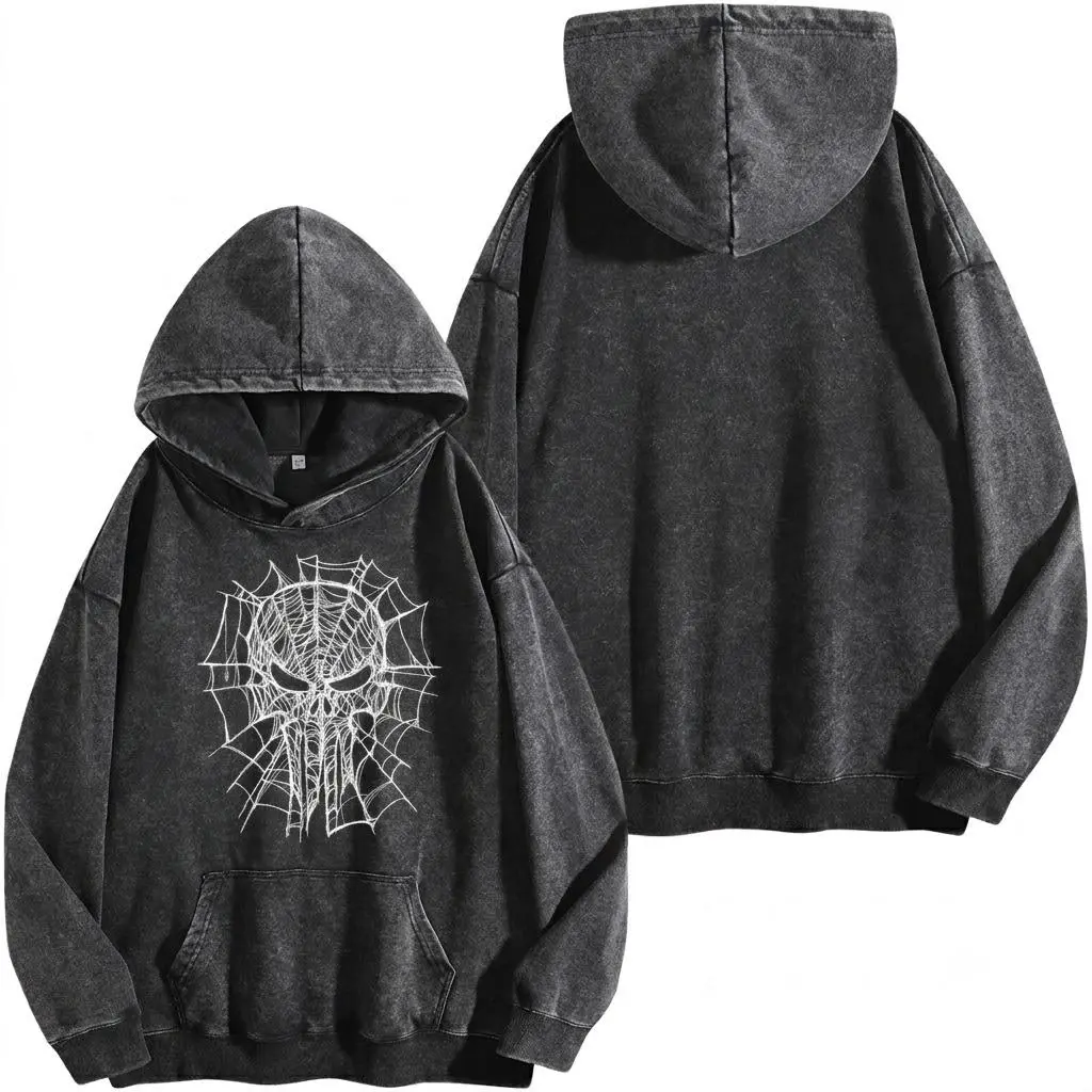 Retro Spider Web Matching Spidey Punisher Skull Washed Hoodie, Halloween Ghost Costume Graphic Tee, Boyfriend Girlfriend Cute Matching Outfits, Oversized Superhero Graphic Streetwear Top