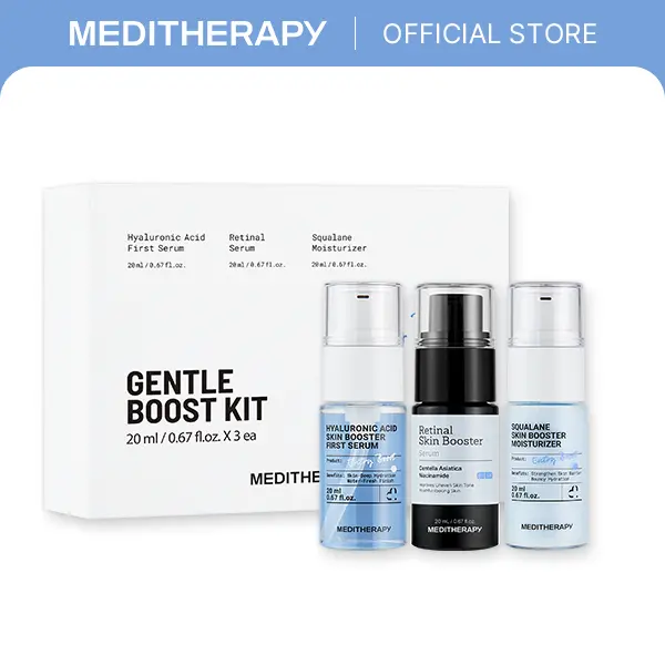 Glass Skin Travel Kit (20ml*3) Retinal, Hyaluronic Acid, Squalane | Gentle Boost Kit | Korean Skincare for Anti-Aging & Hydrating | Travel Size, Compact 3-Step Routine for sensitive skin | Meditherapy