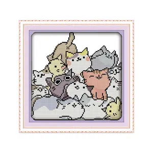 Cute Cat Group Cross Stitch Kit 100X97 Counted Embroidery DIY Craft Traditional Feline Wall Art for Living Room Holiday Gift Complete Set with Threads Fabric Needles