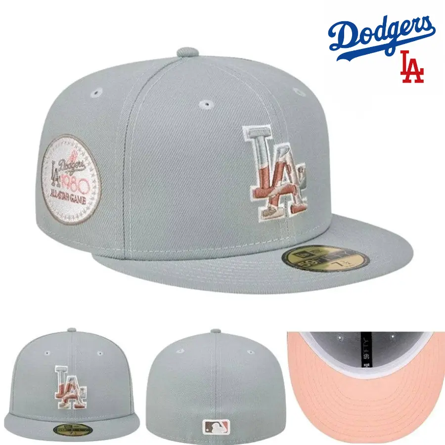 New Era Los Angeles Dodgers 59FIFTY Fitted Baseball Cap – Gray Pink MLB Hat with 1980 All-Star Game Side Patch, Flat Brim Baseball Cap