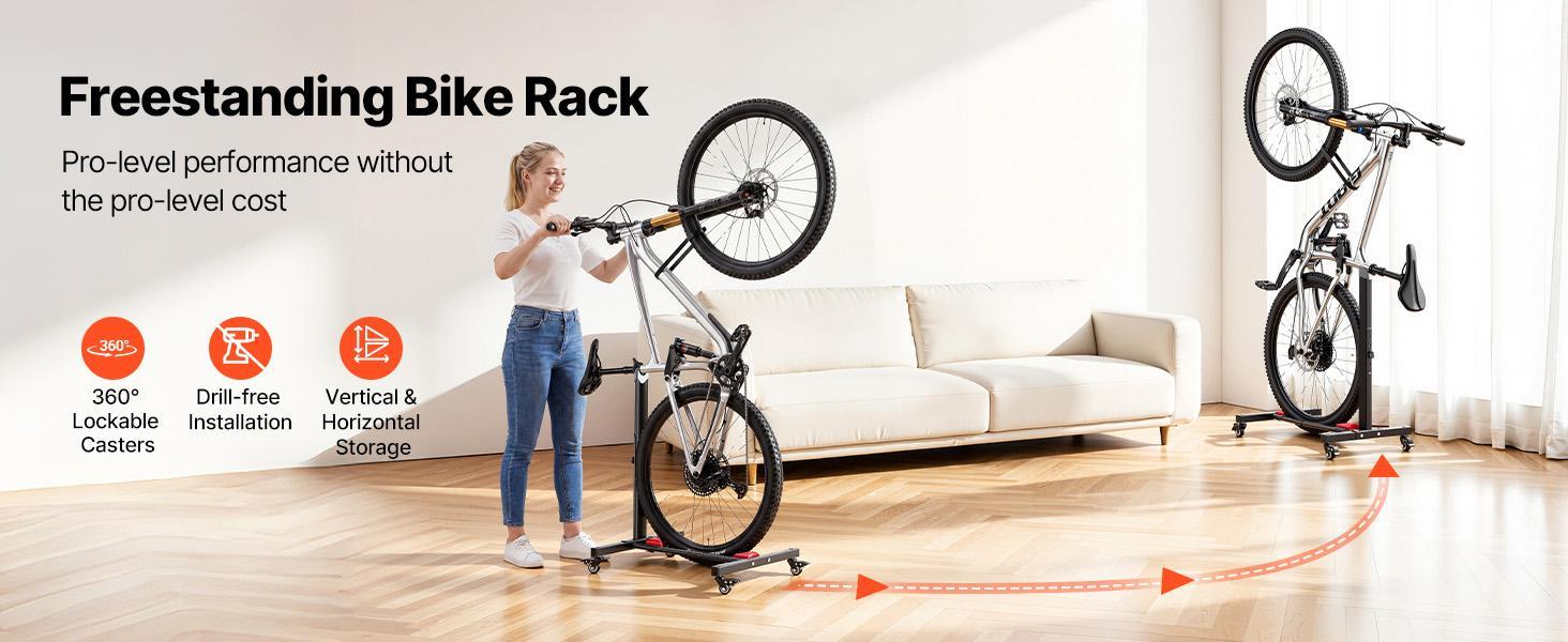 【BackToSchool】VEVOR 2-Pack Durable Carbon Steel Floor Standing Bicycle Rack, Lockable 360° Rotating Wheels, 5-Level Adjustable Height Upright, 20-29 in Tire Width Fit, Rust Resistant for Mountain Bikes