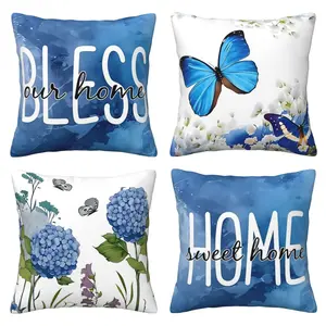 Spring Pillow Set, Blue Watercolor Butterfly and Hydrangea Pattern, Farmhouse Style Decorative Pillow Set, 4-piece Set with Double sided Printing