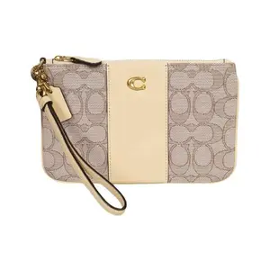 Coach Wristlet with Full Print, Zipper Closure, Cotton and Leather Blend, Handbag for Women in Beige