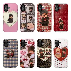 Coquette Monchichi Phone Case | Bow Cherry Gingham Cover, Cute Vintage Aesthetic, Compatible with iPhone 11-17 Pro Max/Plus and Samsung Galaxy S23-25