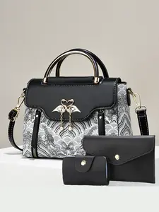 New Trendy PU Handbag Set, Large Capacity Shoulder Crossbody Bag, Classic Wallet and Small Card Holder, Women's Three-Piece Set, Heart Studded Bag, Fashionable Handbag, Fashionable Patterned Bag