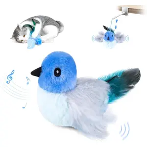 Interactive Flapping Bird Cat Toys with Rod, clamp, Elastic String and Catnip, Automatic Chirping Toys for Indoor Cats to Chase, Hanging Feathers for Kitten to Self Play,Rechargeable(Blue)