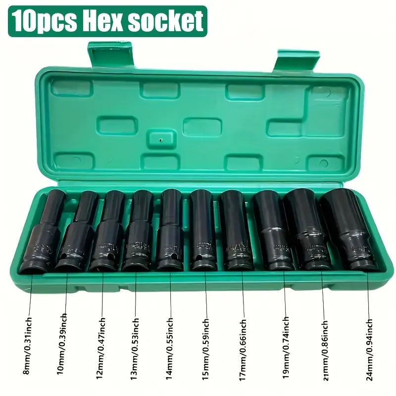 10pcs 1/2"-Drive Deep Impact Socket Set, Carbon Steel Metric (8-24mm) Mechanic Tools, Heavy-Duty High-Torque Rust-Resistant Home Supply for Impact Wrench, Ratchet