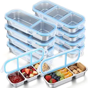 8 Pcs Stainless Snack Containers with Leak Lids, 2/3 Compartments Bento Box, Reusable Divided Container for Adults Home Travel Work (Blue)