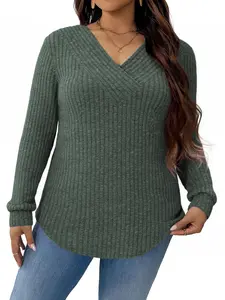 Womens-Plus-Size-Tops Trendy V Neck Casual Long Sleeve Shirts Lightweight Knit Sweaters Cute Pullover Tunics Blouses VPS0226