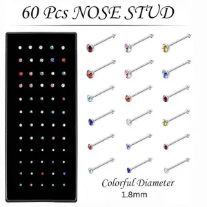 Buy 1 Get 1 Free Rhinestone Decor Nose Studs 60 Counts Unisex Piercing Jewelry for Men & Women Stainless Steel & Synthetic Zirconia Nose Ring Body Jewelry