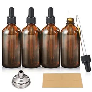 4 Pack, 100ml Dropper Bottles with 1 Funnel & 4 Labels - Essential Oils Bottles for Health, Personal Care & Beauty - 3.4oz Thick Dark Amber Glass Tincture Bottle with Eye Droppers, Leakproof