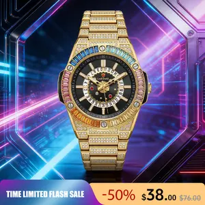 Rainbow Circle Paved Cubic Zirconia Large Dial Waterproof Fashion Casual Men's Quartz Wristwatch