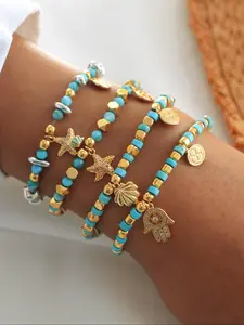 Starfish & Shell & Hand Design Charm Bracelet, Fashionable Jewelry for Women & Girls, Trendy All-match & Exquisite Jewelry for Birthday Gift, Stackable Bracelets