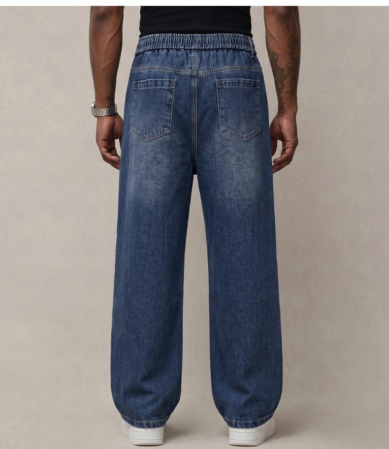 Men’s jeans made from stretchy cotton—comfortable and stylish. Loose fit for everyday wear; long pants with a drawstring elastic waistband design for men. Men’s jeans made from stretchy cotton—comfortable and stylish. Loose fit for everyday wear; long pants with a drawstring elastic waistband design for men.
