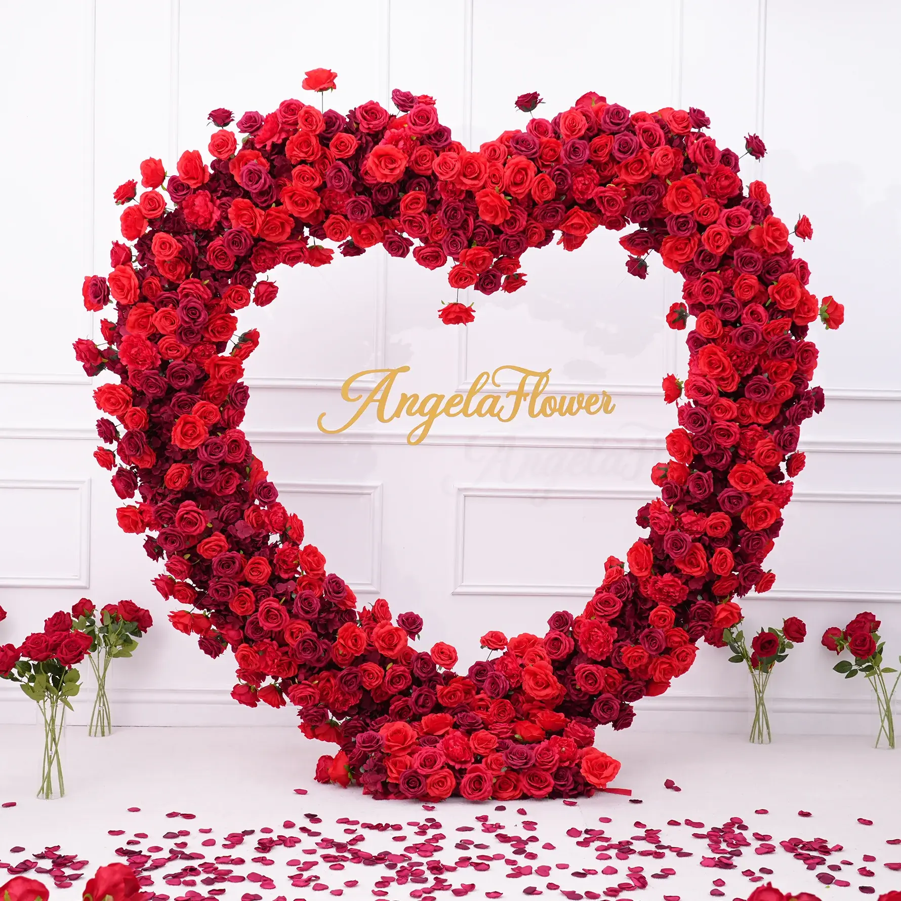 AngelaFlower S-A8869 Silky Art Deco Heart Arch Prop - Red Rose & Hydrangea Detail Decorative Ornaments, Silk Cloth Base, Garden Wedding Arch & Wall Hanging Festive Decor for Birthdays