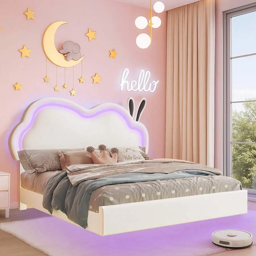 Floating Upholstered Bed Frame With LED Light, Cute Cloud Headboard For Girls, Sturdy Construction, Easy Assembly, No Box Spring Needed