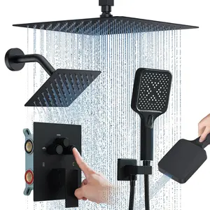 Matte Black Shower Faucet Set, 10 inch Ceiling Mount Rainfall Shower System with 6 inch Rain Shower Head and Multi-function Handheld Head Push Button Diverter Shower Faucet Trim Kit