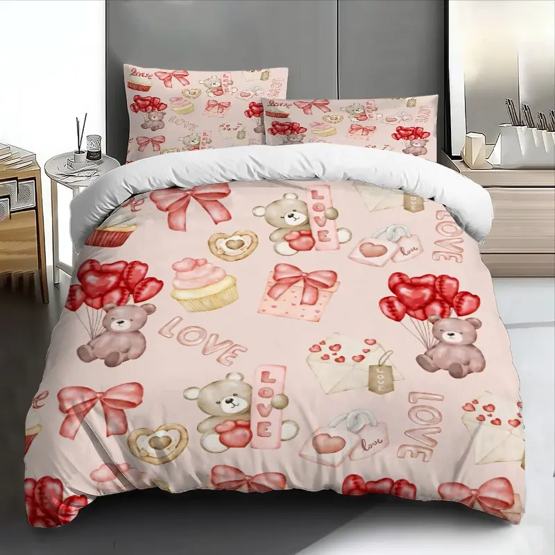 3pcs Teddy Bear Love Heart Balloon Cupcake Bedding Set Soft & Breathable - Includes Duvet Cover and Pillowcases, Bedding set king size Perfect for All Seasons, Machine Washable - Ideal Valentine Wedding Anniversary Gift