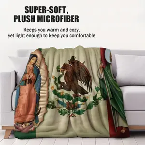 1Pcs Our Lady of Guadalupe & San Judas Tadeo with Mexican National Emblem Digital Print Flannel Blanket, Ultra-Soft & Fluffy Throw Blanket, Cozy Warm Blanket for Sofa, Bed & Office, Ideal for Camping & Travel, Soft Lightweight Blanket