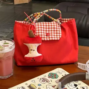 New Red Plaid Canvas Tote Bag, Large Capacity Shoulder Handbag, Versatile Daily Commute Casual Tote Bag for Women