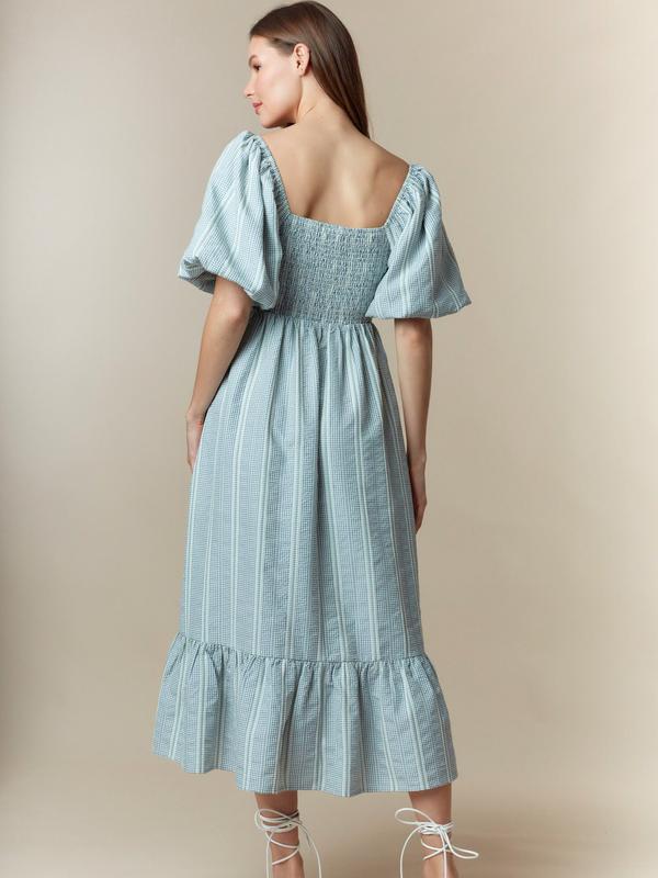 Front Velvet Bow Detail Bubble Sleeve Midi Dress