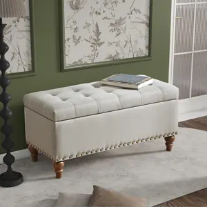 Ottoman Storage Bench, recessed support hinge top easy to open, rivet trim around, bedroom, entrance, living room, linen