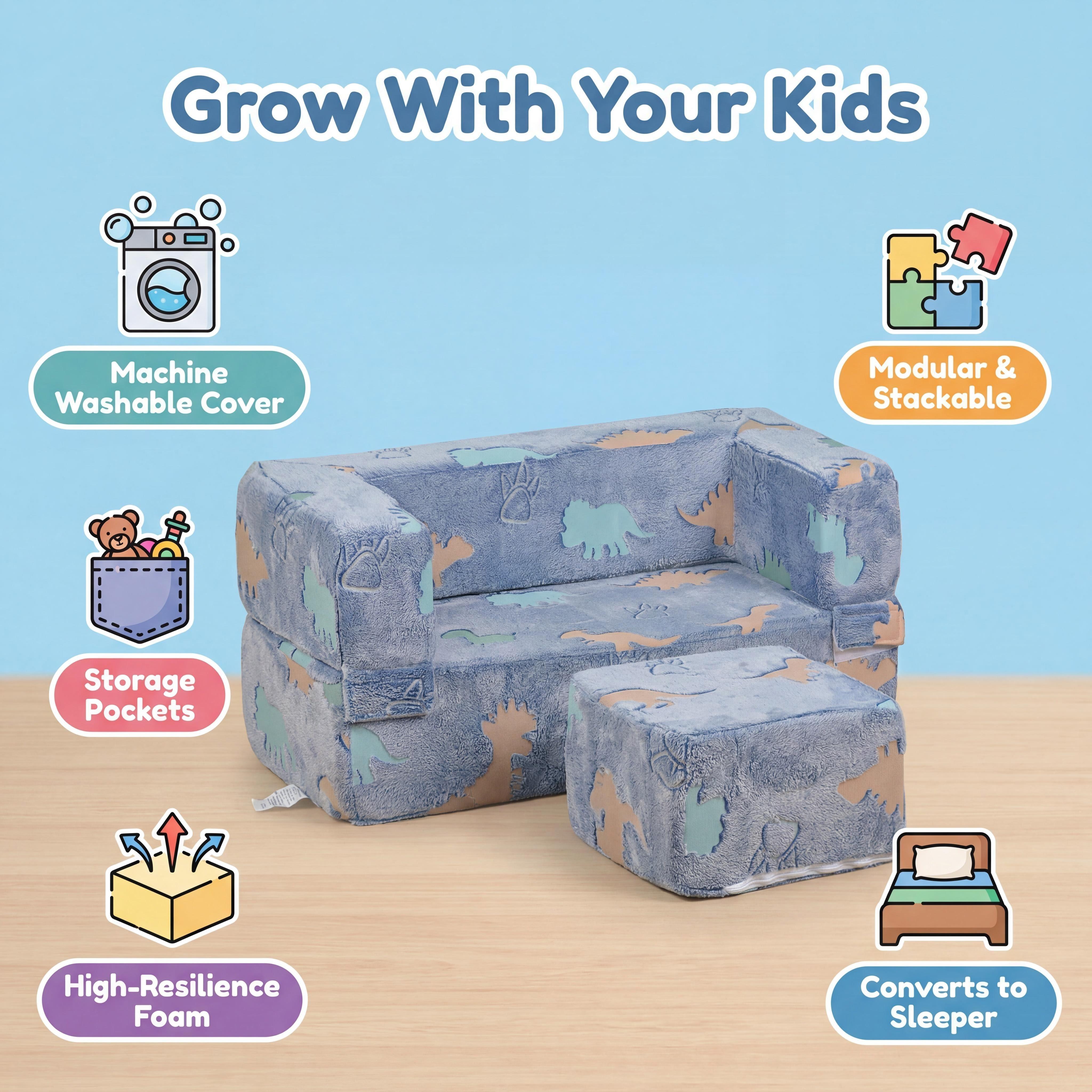 Blue dinosaur, a child-friendly sofa for babies, a large folding sofa bed, easy to assemble and clean, suitable for living rooms and bedrooms. It can be transformed into a bed, making it a perfect  birthday gift for both girls and boys
