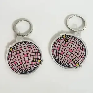 Pink Disco Ball Acrylic Keychain with Stars and Mesh Design, Simple and Elegant Style