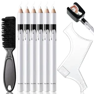 White Barber Pencil for Lineup Hairline Beard Guide Shaping Pencils Magic Barber Chalk for Design Hairline Razor Trace Barber Pencils Set with Sharpener Ruler Brush for Men