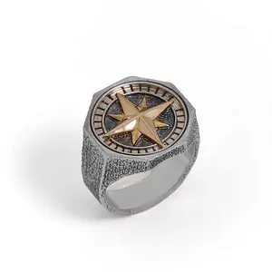 Nina Designs Mixed Metal Compass Signet Ring - Unisex Bold Design with Detailed Star Symbol for Guidance & Adventure