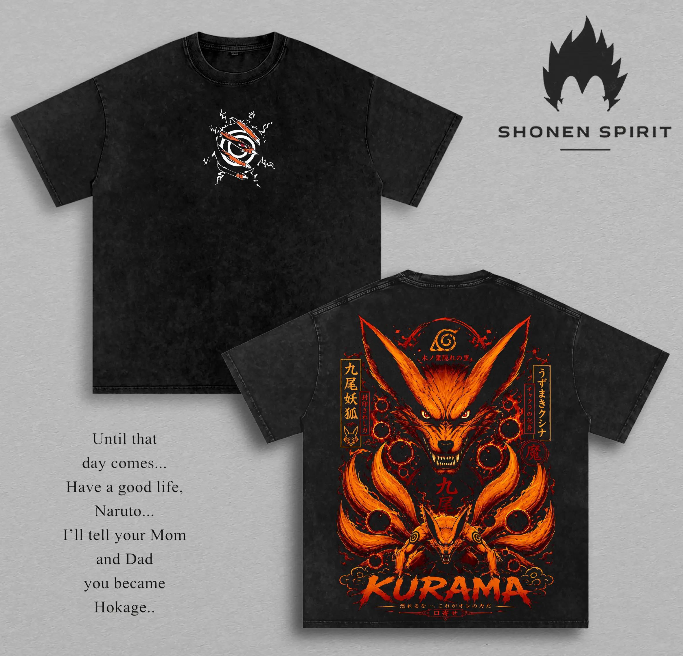 Naruto Kurama Nine-Tails Vintage Washed T-Shirt | Kurama Fox Beast Graphic Tee | Nine-Tailed Fox Anime Oversized Heavyweight Cotton Shirt | Unisex Gift For Naruto Fans