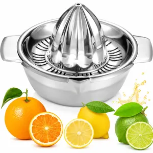 304 Stainless Steel Citrus Juicer Manual Hand Press - Heavy Duty Lemon Orange Grapefruit Squeezer with 10oz Bowl, Built-in Strainer & 2 Pour Spouts, Dishwasher Safe